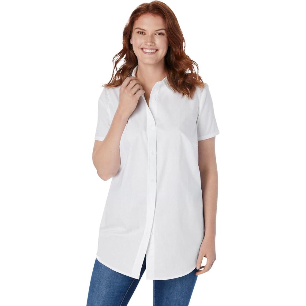 imageWoman Within Plus Size Perfect Short Sleeve ButtonDown Shirt Oversized Tunic BlouseWhite