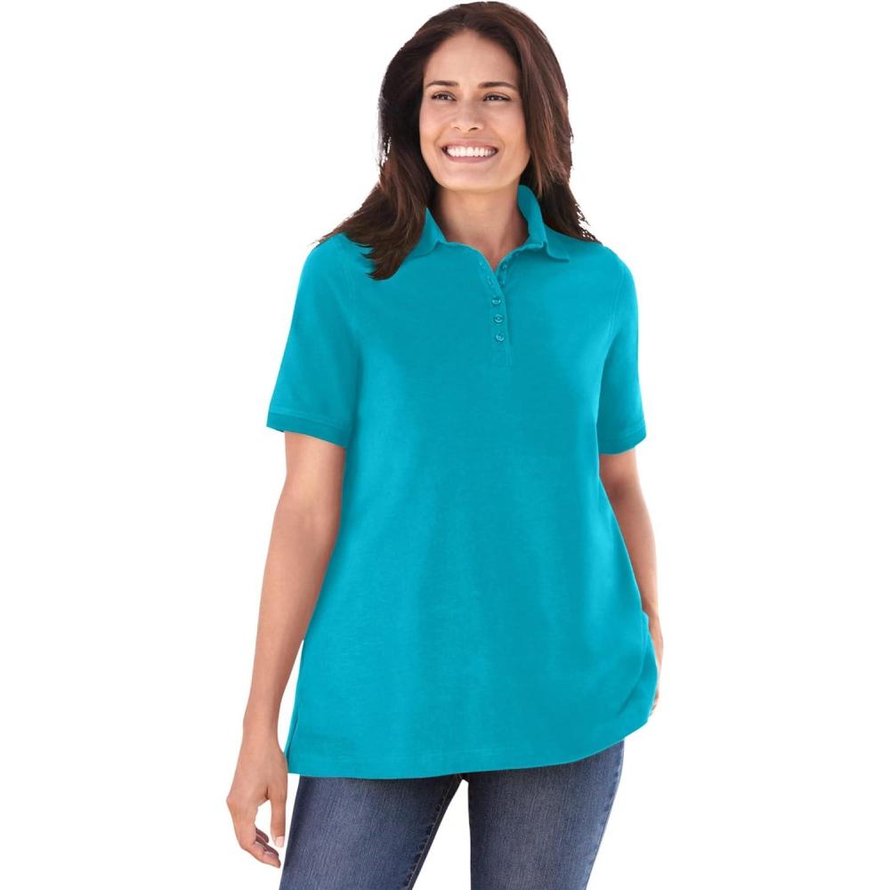 imageWoman Within Plus Size Perfect ShortSleeve Polo ShirtPretty Turquoise
