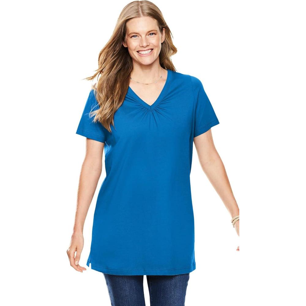 imageWoman Within Plus Size Perfect ShortSleeve Shirred VNeck TunicBright Cobalt