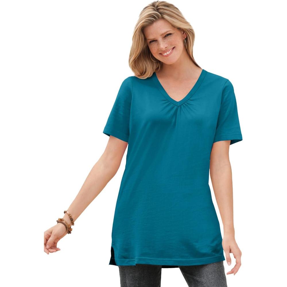 imageWoman Within Plus Size Perfect ShortSleeve Shirred VNeck TunicDeep Teal