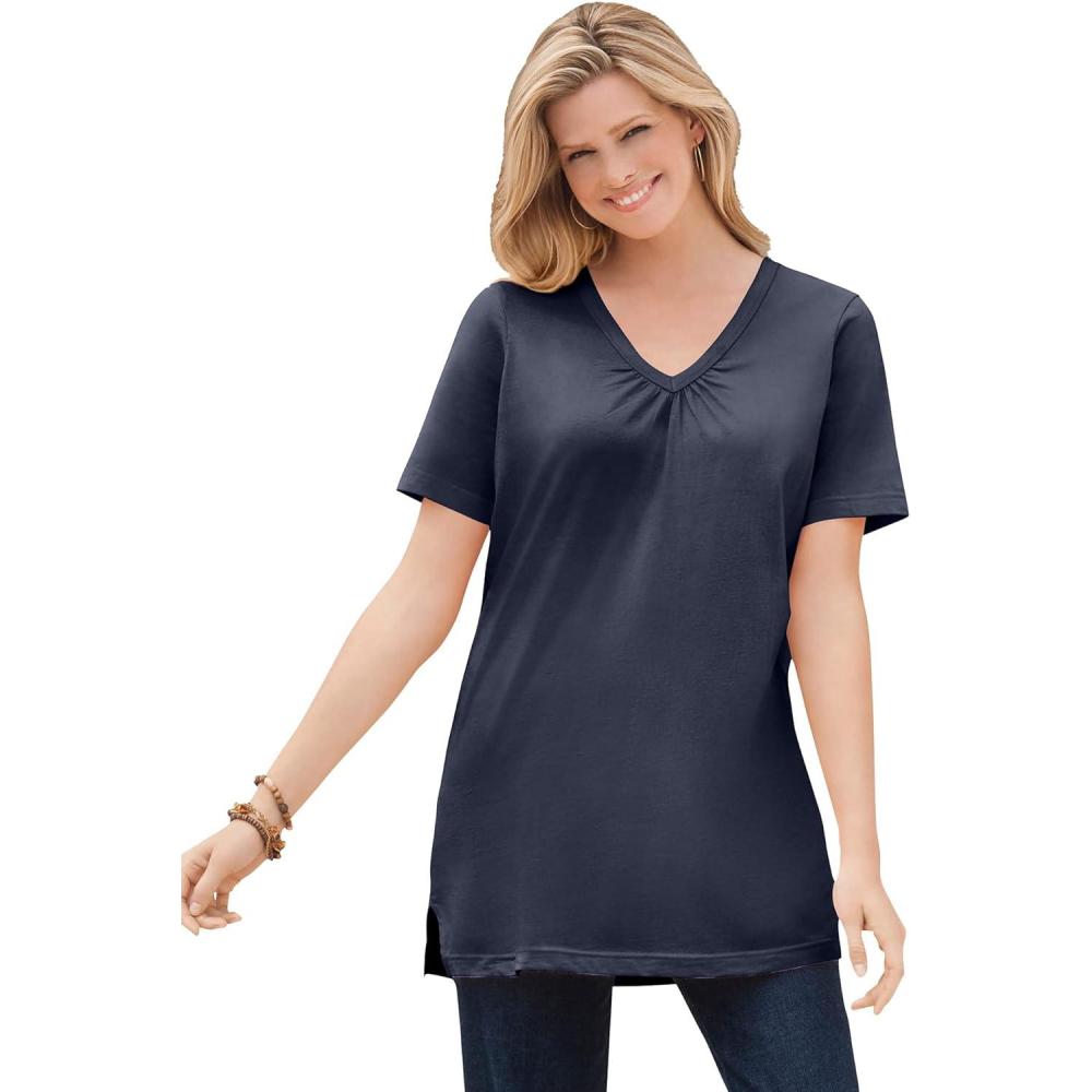imageWoman Within Plus Size Perfect ShortSleeve Shirred VNeck TunicNavy