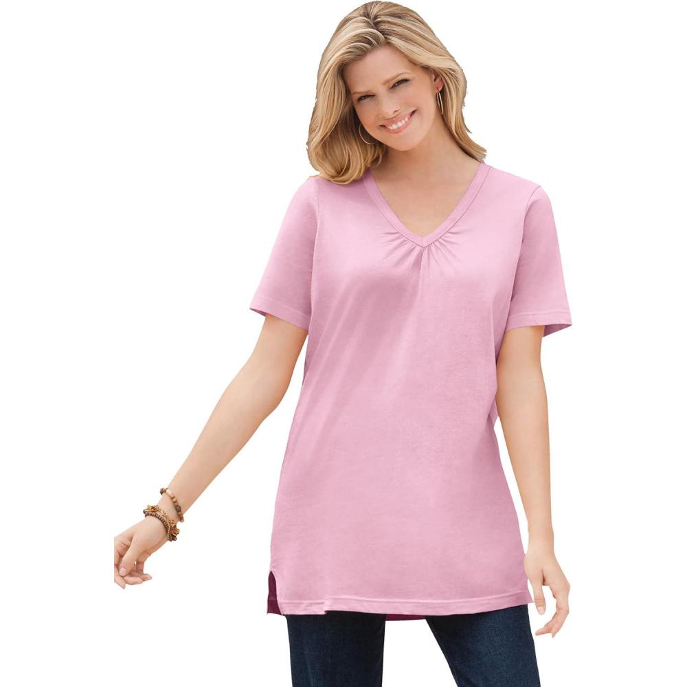 imageWoman Within Plus Size Perfect ShortSleeve Shirred VNeck TunicPink