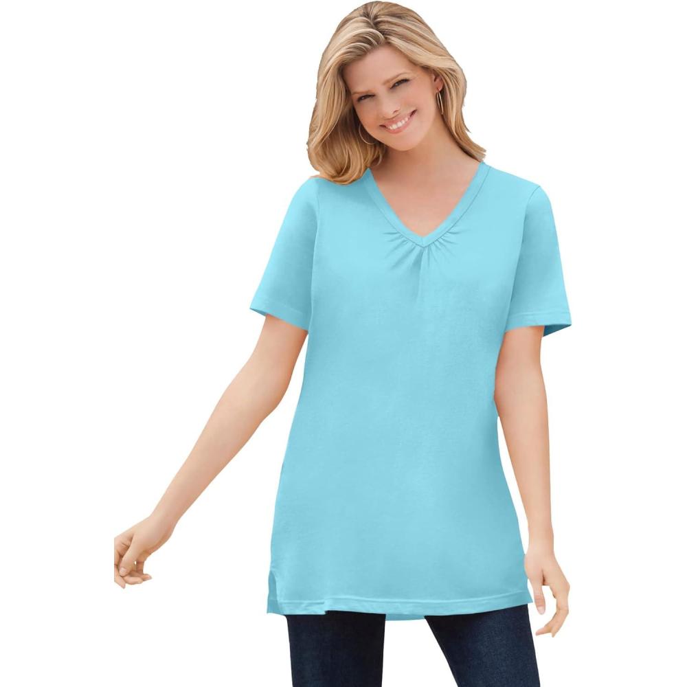 imageWoman Within Plus Size Perfect ShortSleeve Shirred VNeck TunicSeamist Blue