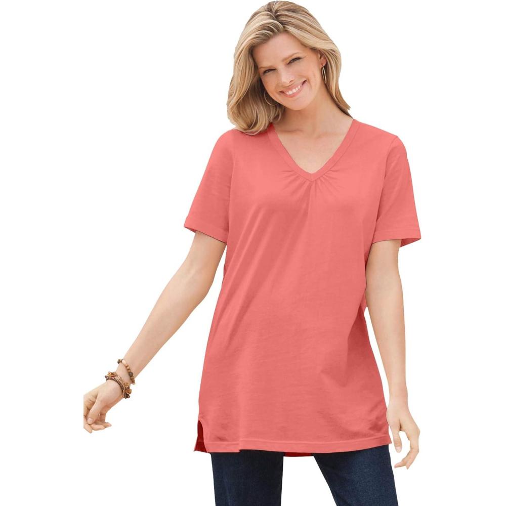 imageWoman Within Plus Size Perfect ShortSleeve Shirred VNeck TunicSweet Coral