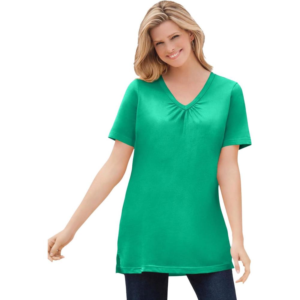 imageWoman Within Plus Size Perfect ShortSleeve Shirred VNeck TunicTropical Emerald