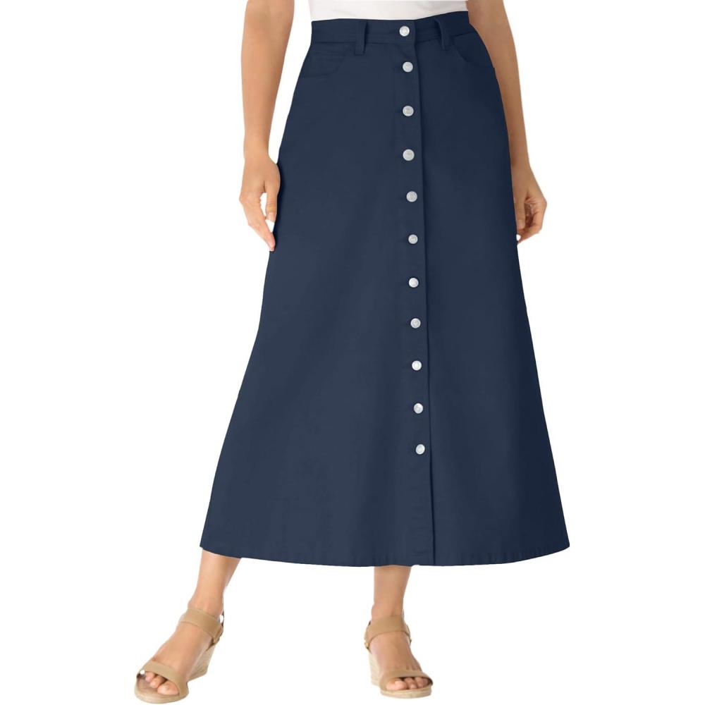 imageWoman Within Plus Size Perfect SideElastic AllCotton Button Front Denim Jeans SkirtNavy