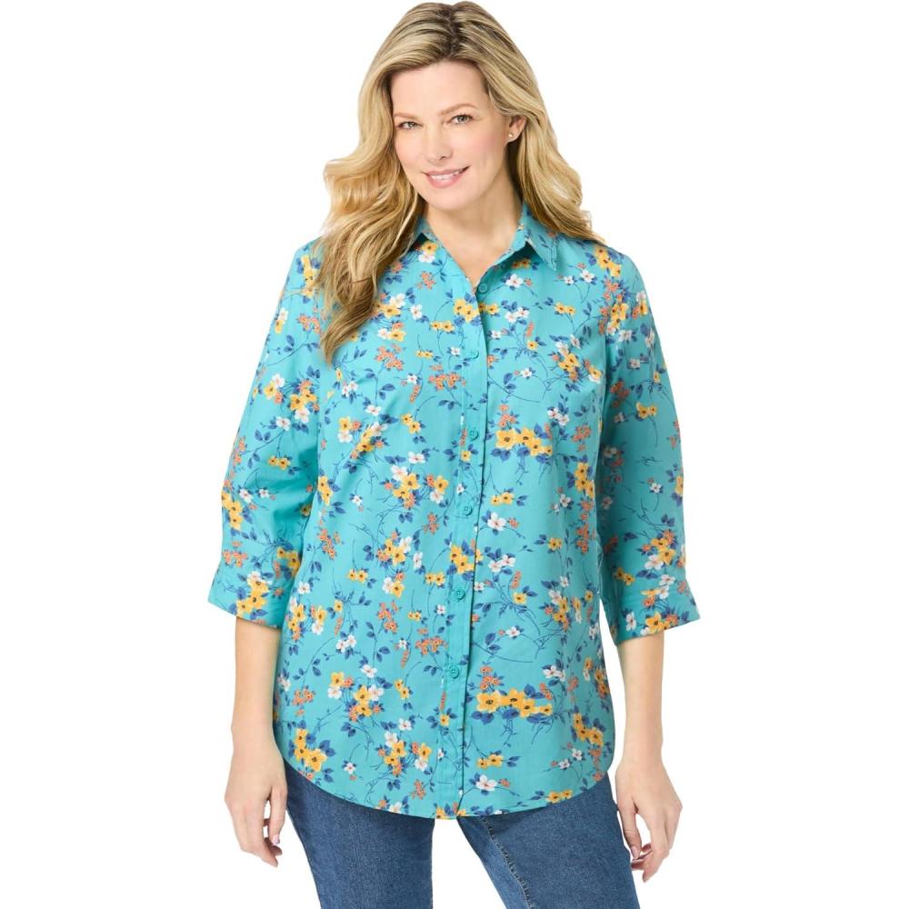 imageWoman Within Plus Size Perfect Three Quarter Sleeve ShirtAquamarine Pretty Bloom