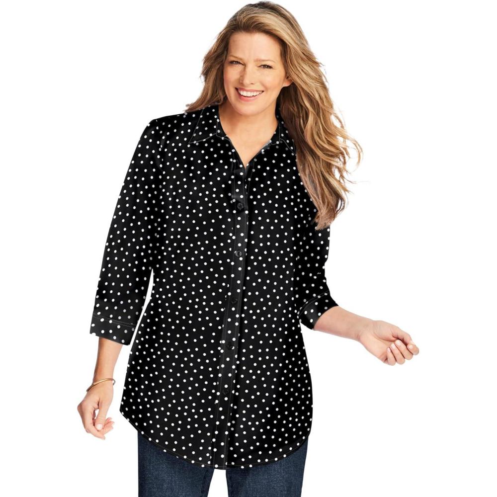 imageWoman Within Plus Size Perfect Three Quarter Sleeve ShirtBlack Allover Dot