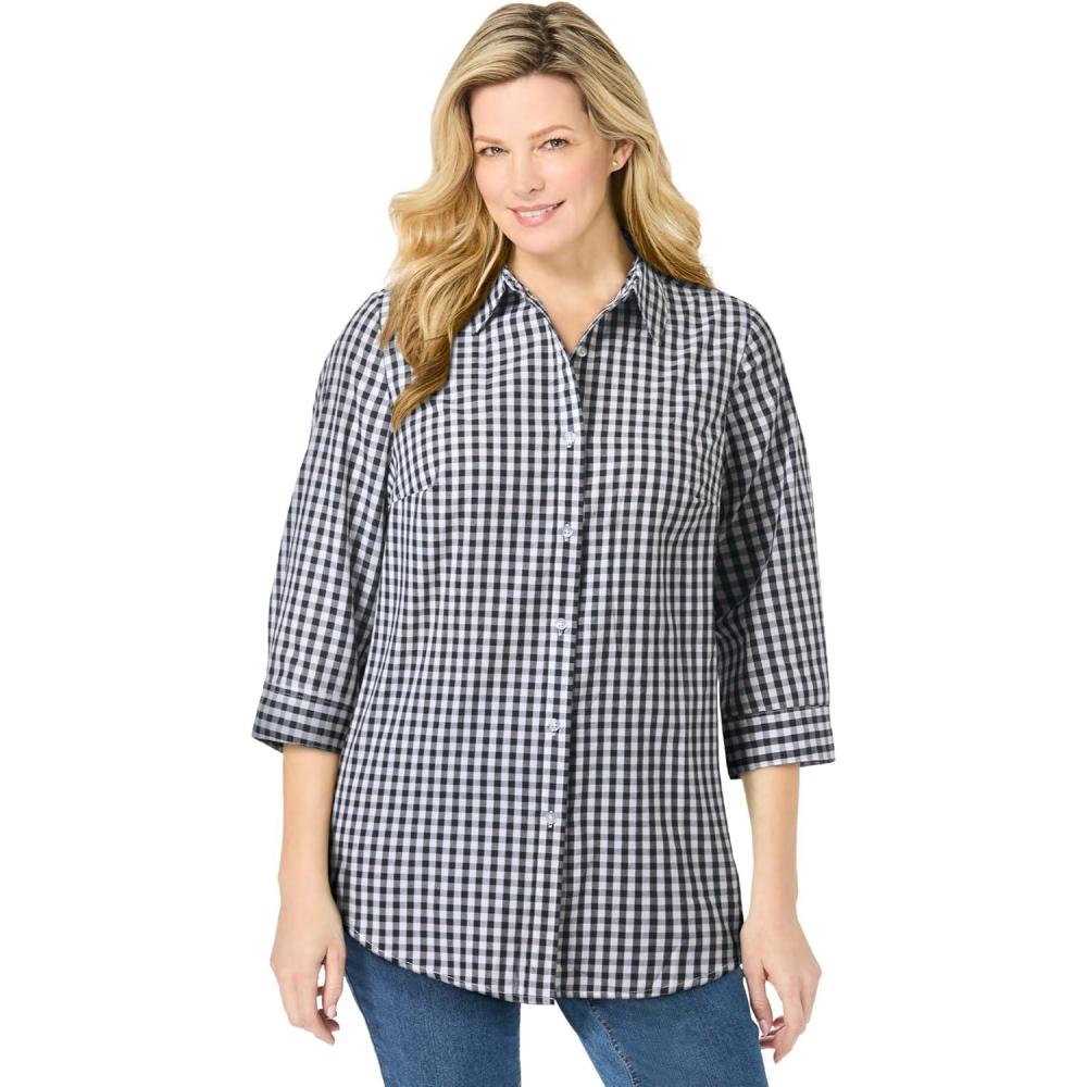 imageWoman Within Plus Size Perfect Three Quarter Sleeve ShirtBlack Gingham