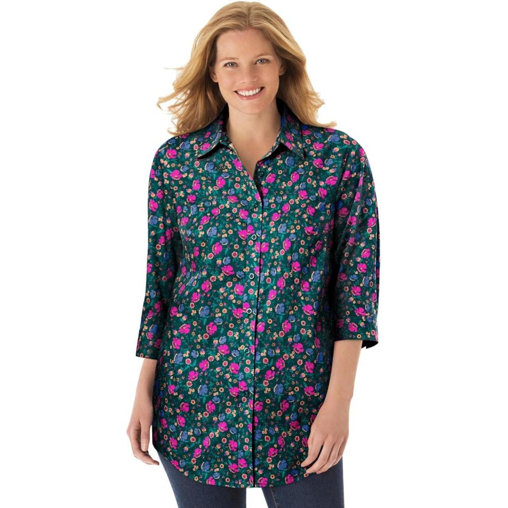 imageWoman Within Plus Size Perfect Three Quarter Sleeve ShirtGreen Pansy Ditsy