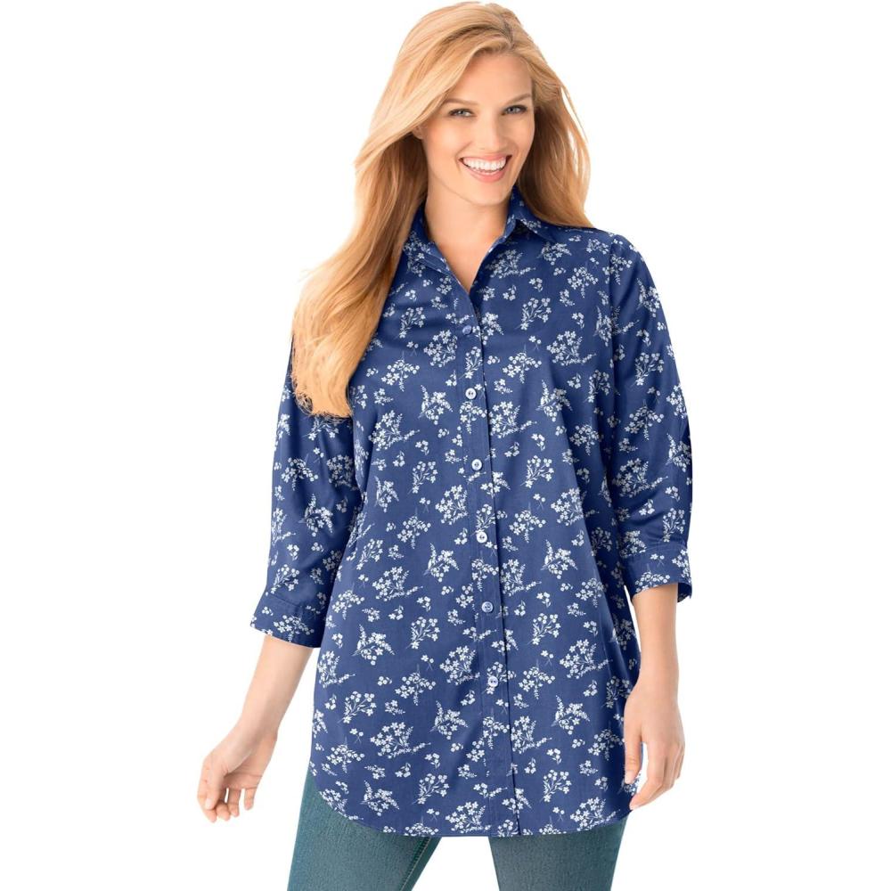 imageWoman Within Plus Size Perfect Three Quarter Sleeve ShirtRoyal Navy Linear Floral