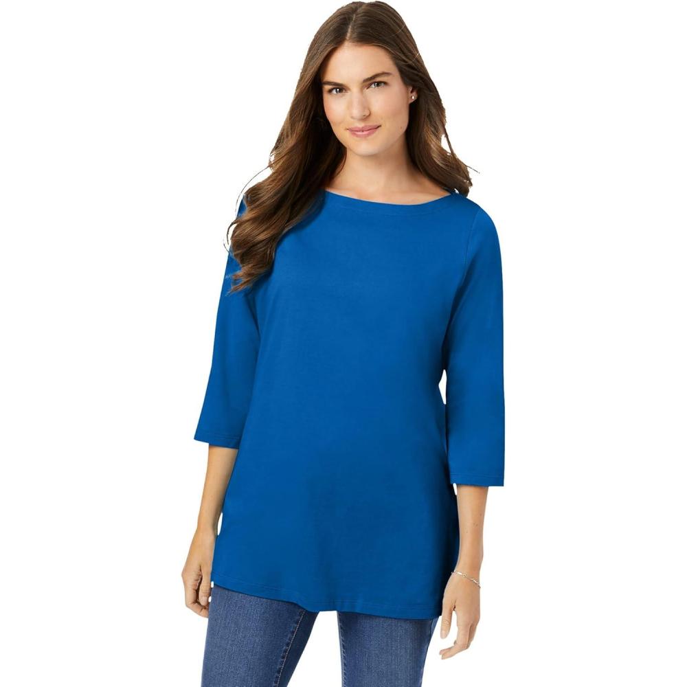imageWoman Within Plus Size Perfect ThreeQuarter Sleeve Boatneck TeeBright Cobalt