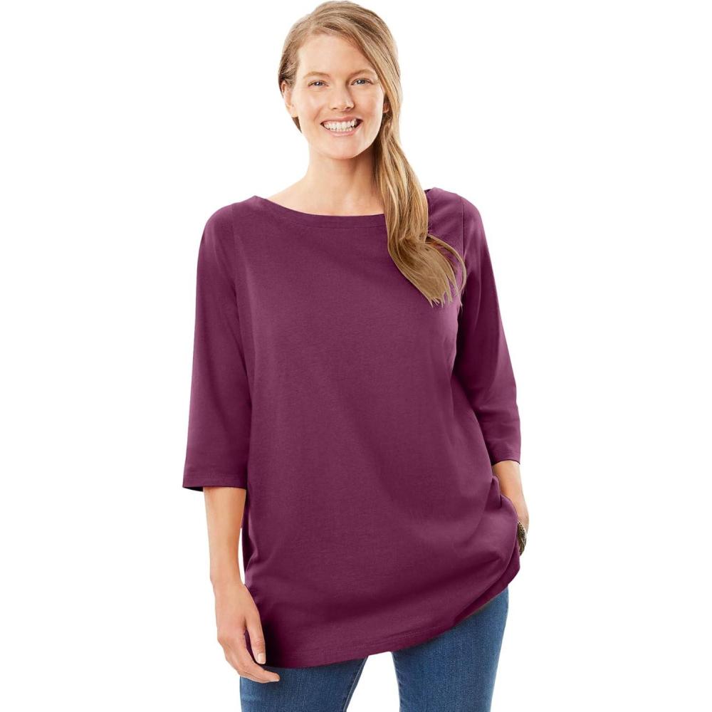 imageWoman Within Plus Size Perfect ThreeQuarter Sleeve Boatneck TeeDeep Claret