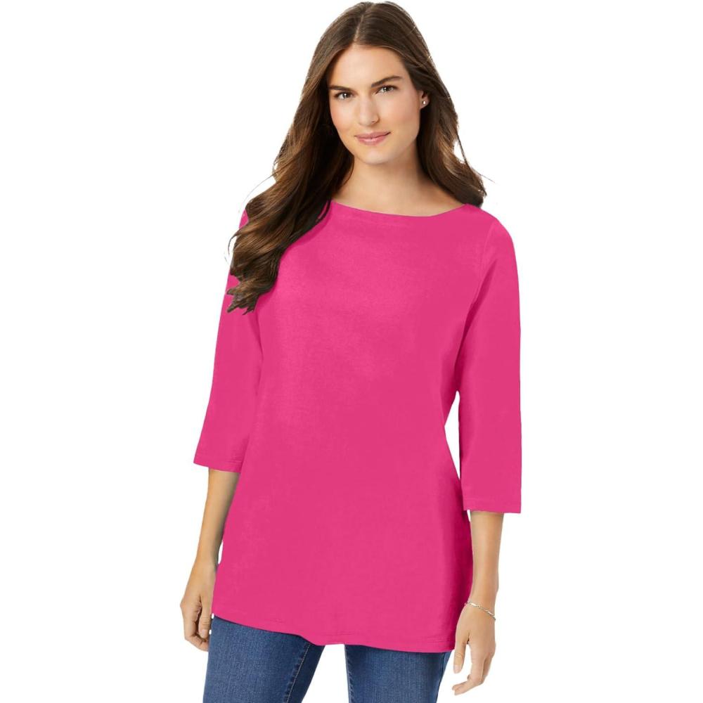 imageWoman Within Plus Size Perfect ThreeQuarter Sleeve Boatneck TeeRaspberry Sorbet