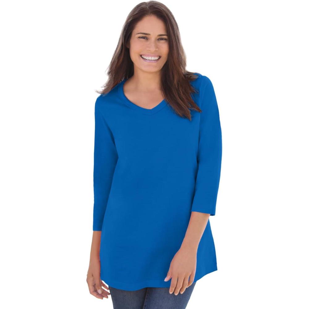 imageWoman Within Plus Size Perfect ThreeQuarter Sleeve VNeck Tee Petite AvailableBright Cobalt