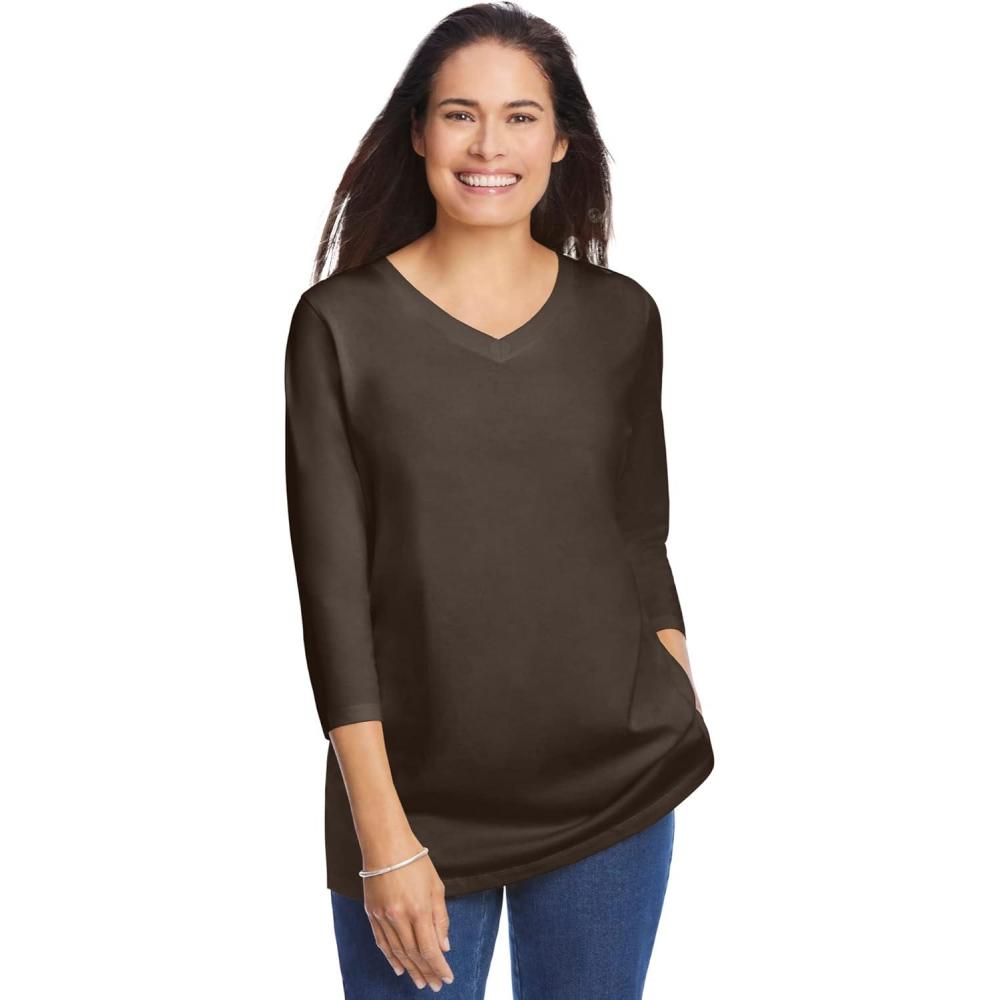 imageWoman Within Plus Size Perfect ThreeQuarter Sleeve VNeck Tee Petite AvailableChocolate