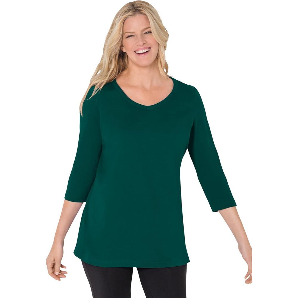 imageWoman Within Plus Size Perfect ThreeQuarter Sleeve VNeck Tee Petite AvailableEmerald Green
