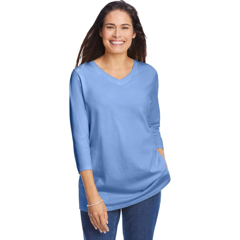 imageWoman Within Plus Size Perfect ThreeQuarter Sleeve VNeck Tee Petite AvailableFrench Blue