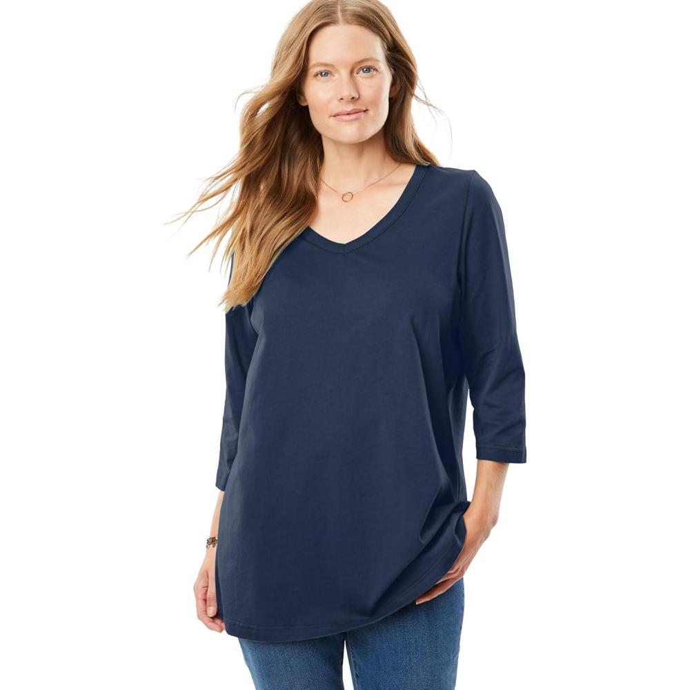 imageWoman Within Plus Size Perfect ThreeQuarter Sleeve VNeck Tee Petite AvailableNavy
