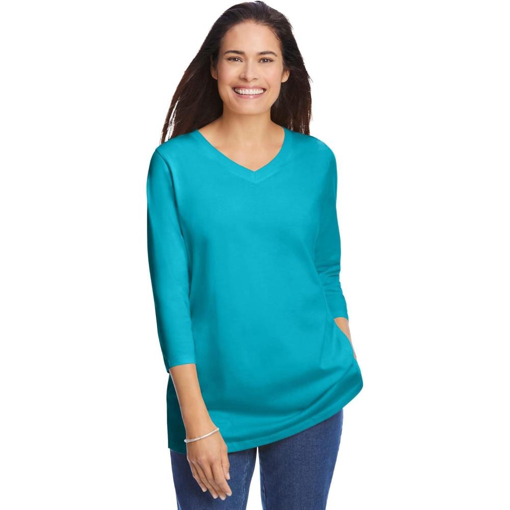 imageWoman Within Plus Size Perfect ThreeQuarter Sleeve VNeck Tee Petite AvailablePretty Turquoise
