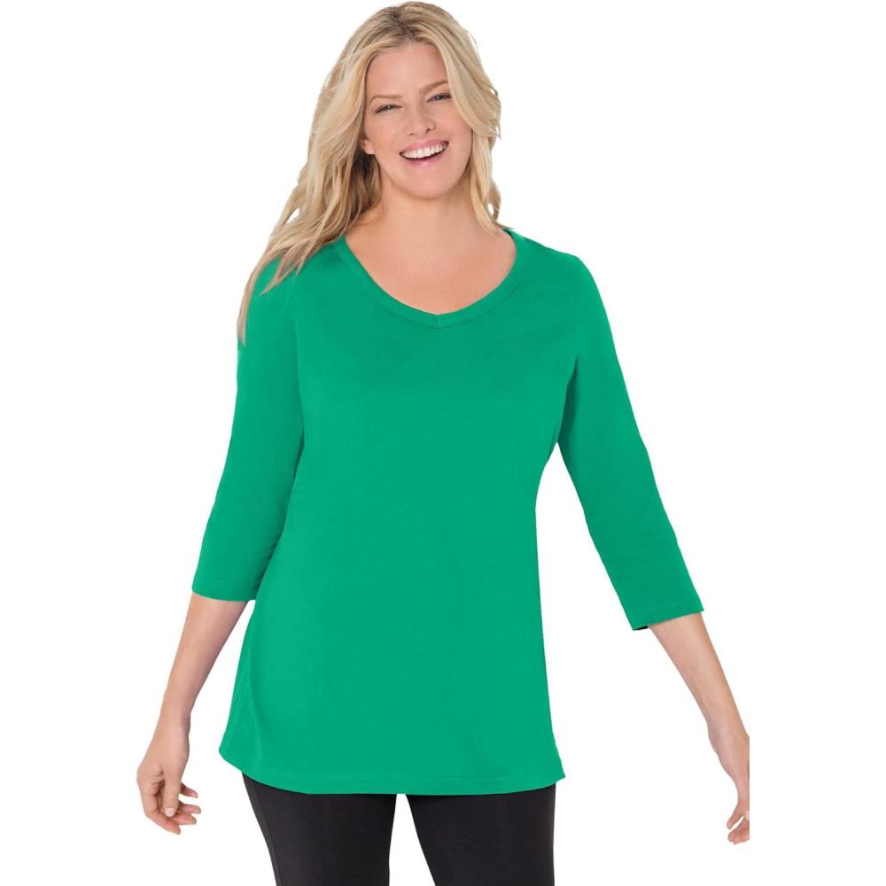 imageWoman Within Plus Size Perfect ThreeQuarter Sleeve VNeck Tee Petite AvailableTropical Emerald