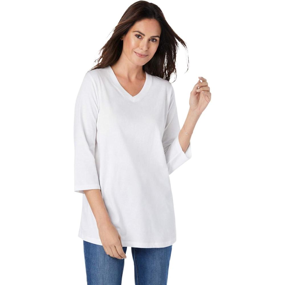 imageWoman Within Plus Size Perfect ThreeQuarter Sleeve VNeck Tee Petite AvailableWhite
