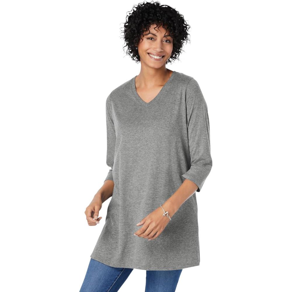 imageWoman Within Plus Size Perfect ThreeQuarter Sleeve VNeck TunicClassic Medium Heather Grey