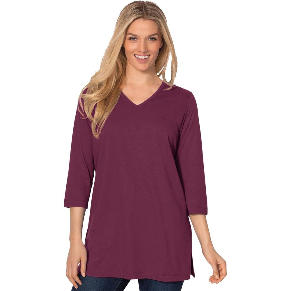 imageWoman Within Plus Size Perfect ThreeQuarter Sleeve VNeck TunicDeep Claret