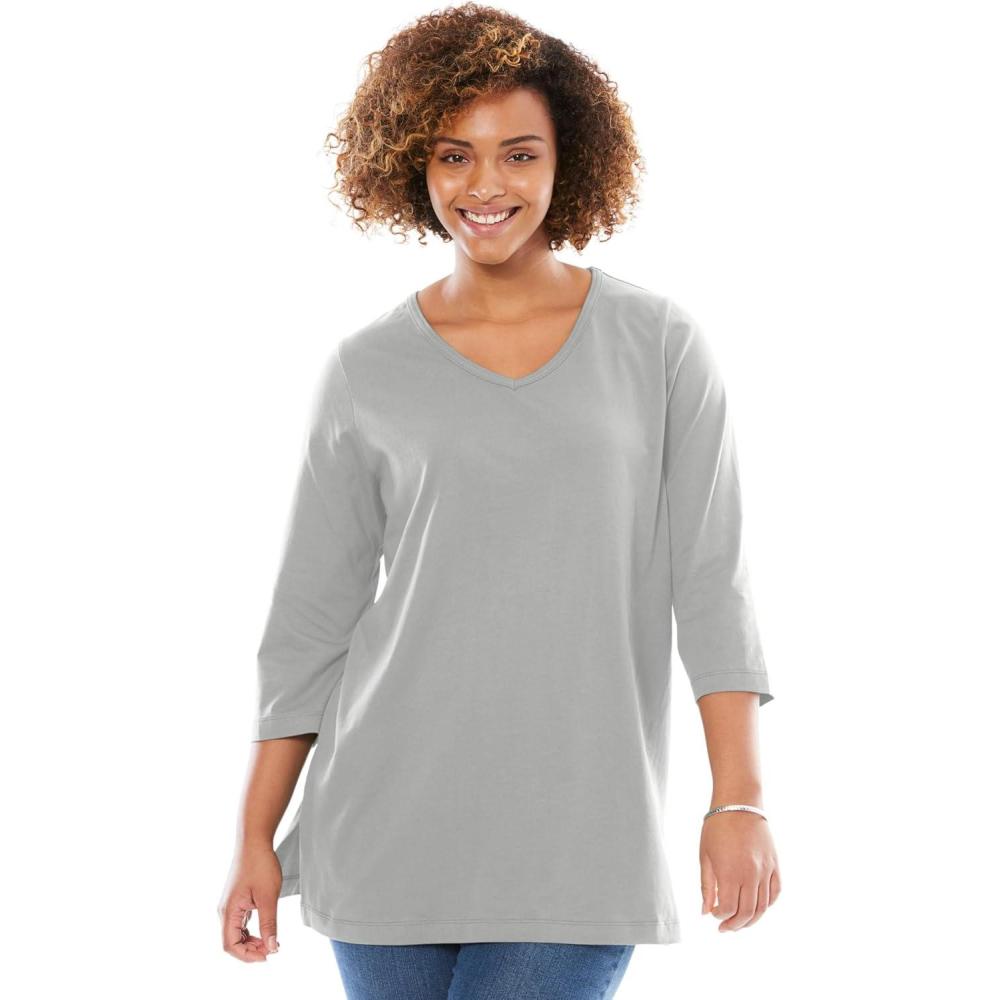 imageWoman Within Plus Size Perfect ThreeQuarter Sleeve VNeck TunicHeather Grey