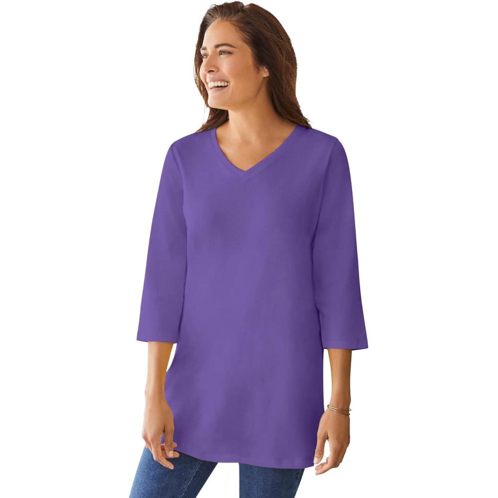 imageWoman Within Plus Size Perfect ThreeQuarter Sleeve VNeck TunicPetal Purple