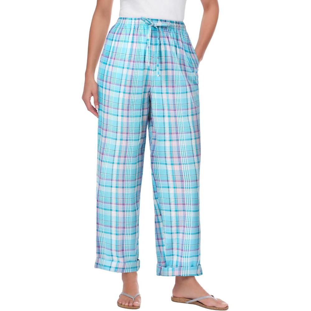 imageWoman Within Plus Size Petite Seersucker PullOn ElasticWaist PantsParadise Blue Plaid