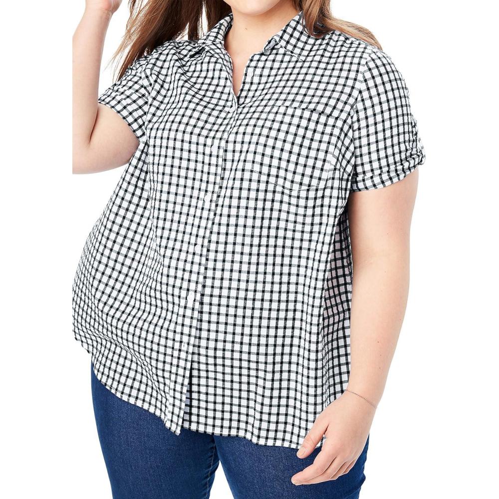 imageWoman Within Plus Size Petite ShortSleeve Button Down Seersucker ShirtBlack Gingham