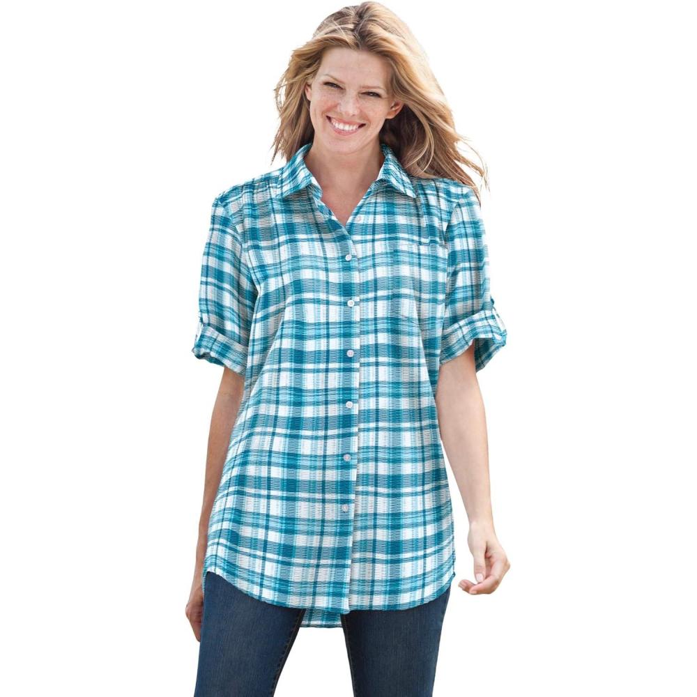 imageWoman Within Plus Size Petite ShortSleeve Button Down Seersucker ShirtDeep Teal Camp Plaid