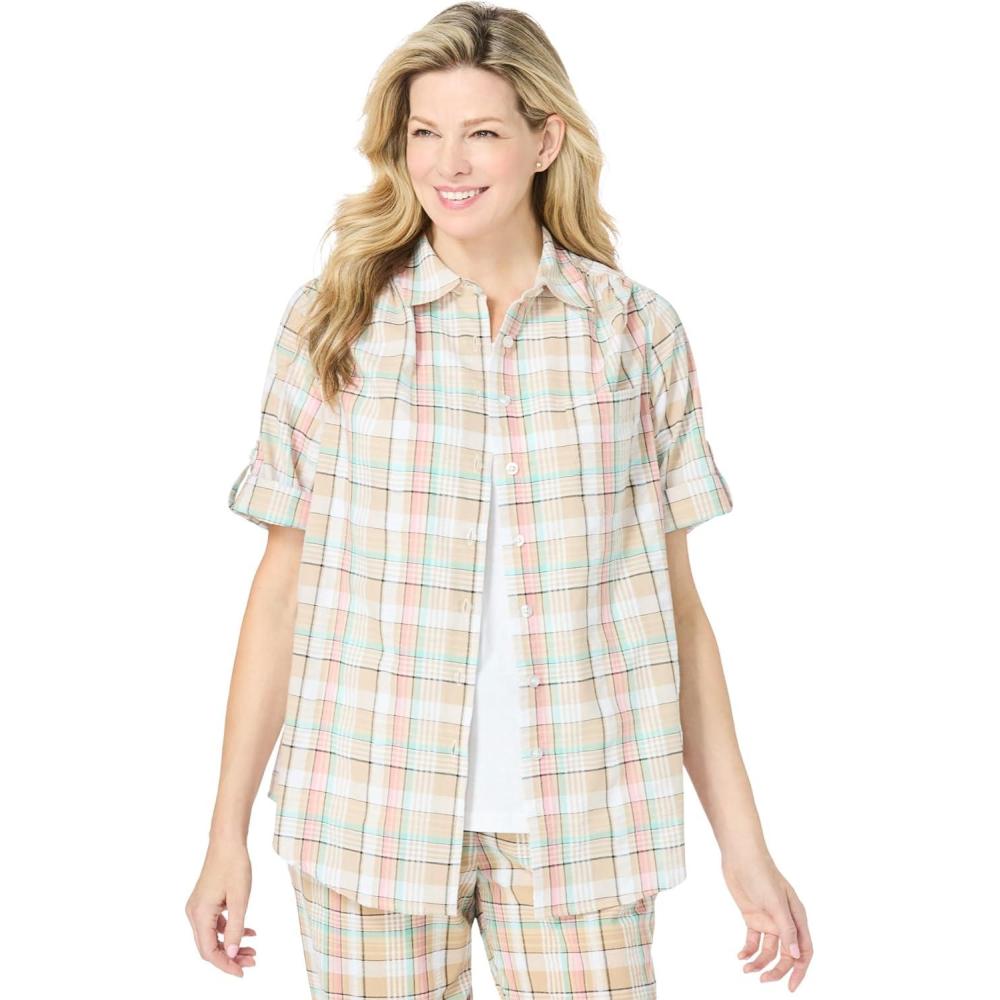 imageWoman Within Plus Size Petite ShortSleeve Button Down Seersucker ShirtNew Khaki Plaid