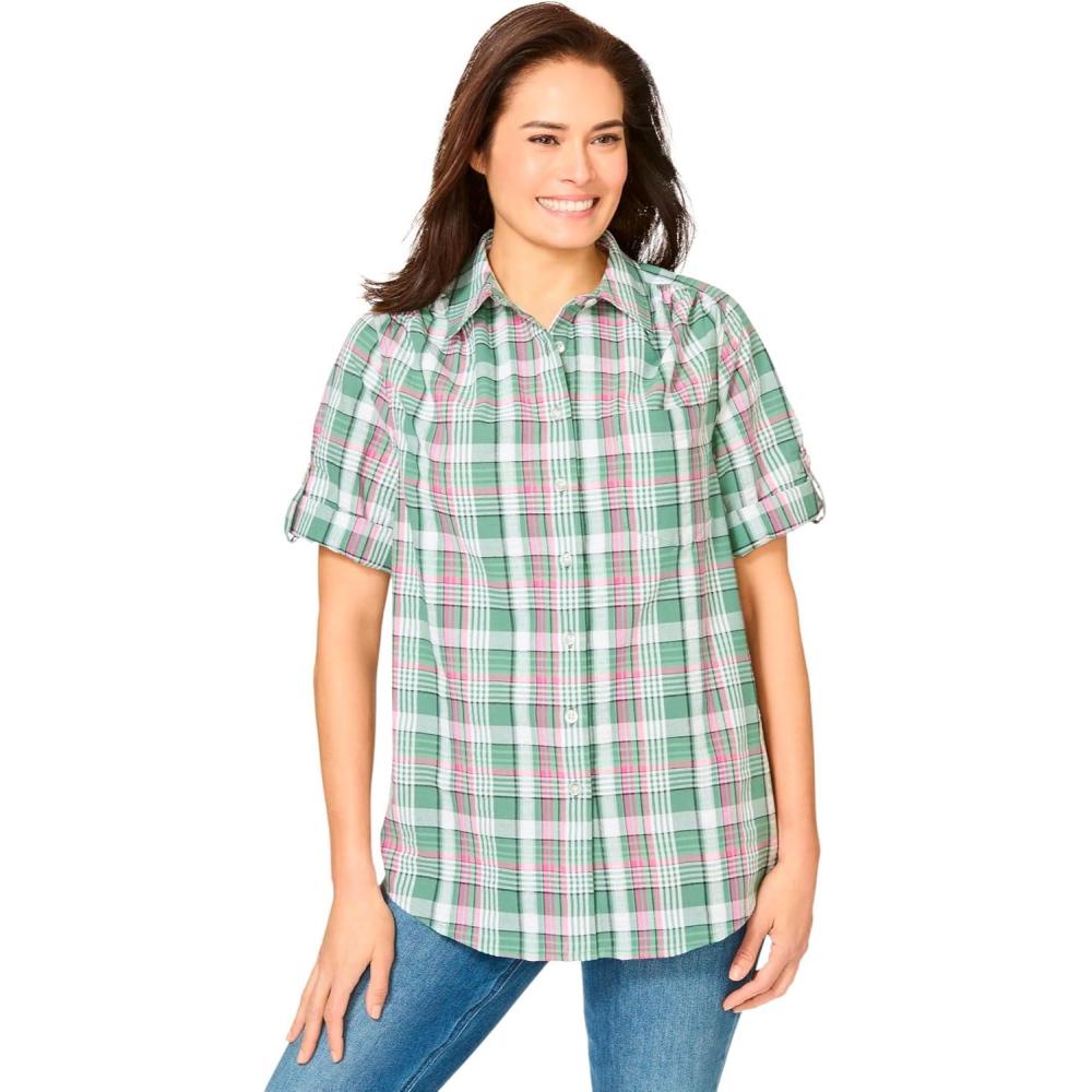 imageWoman Within Plus Size Petite ShortSleeve Button Down Seersucker ShirtPine Plaid