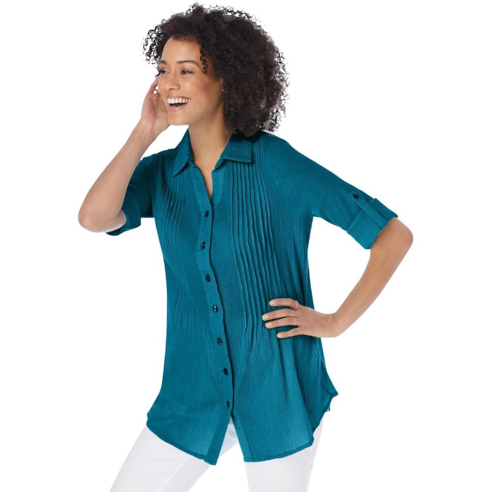 imageWoman Within Plus Size Pintucked Button Down Gauze ShirtDeep Teal