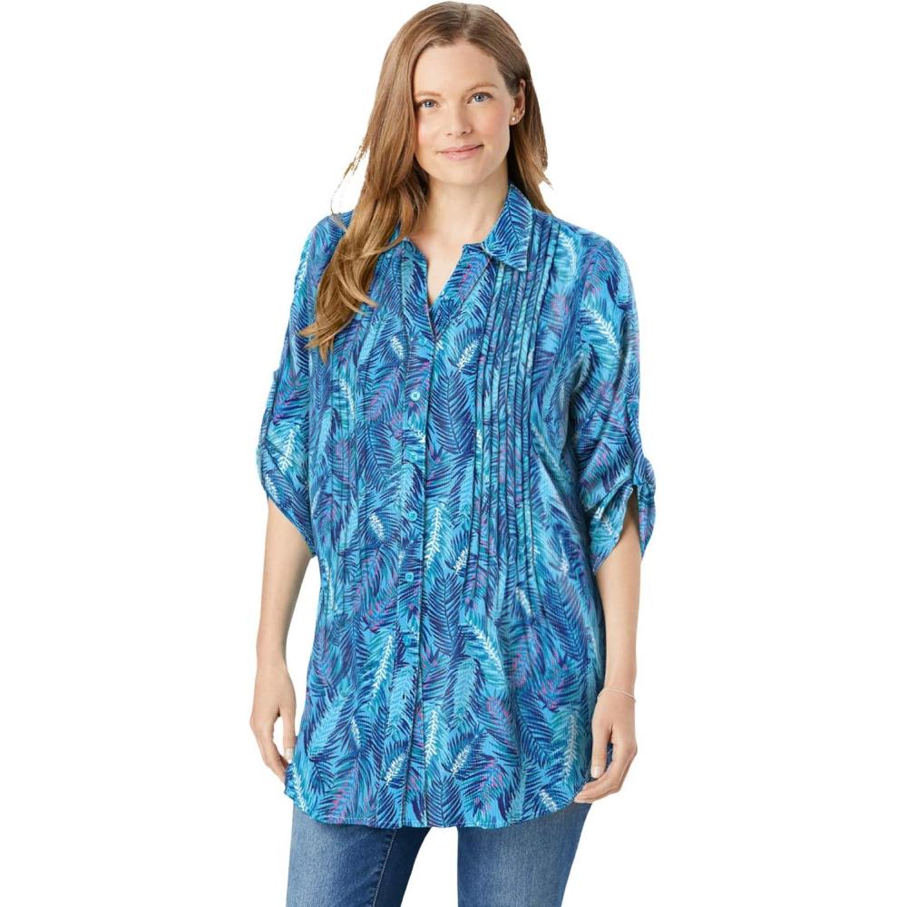 imageWoman Within Plus Size Pintucked Button Down Gauze ShirtParadise Blue Watercolor Palm
