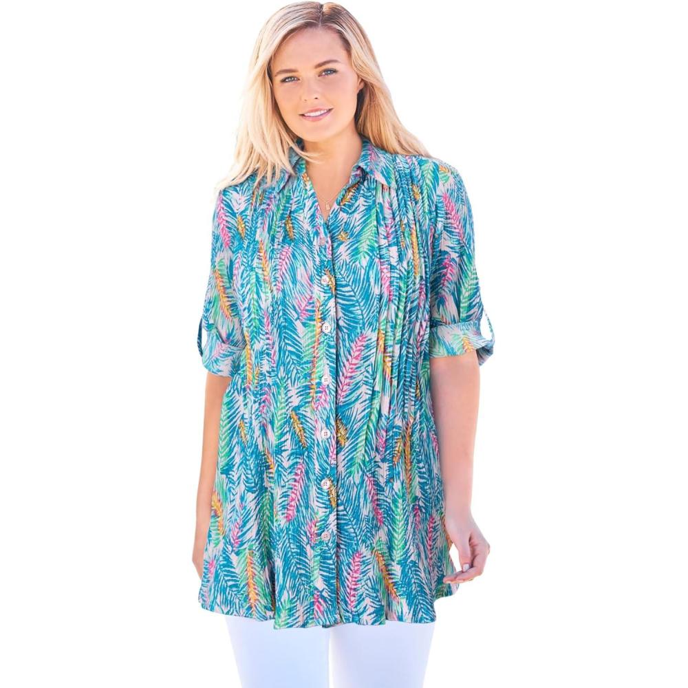 imageWoman Within Plus Size Pintucked Button Down Gauze ShirtPink Watercolor Palms
