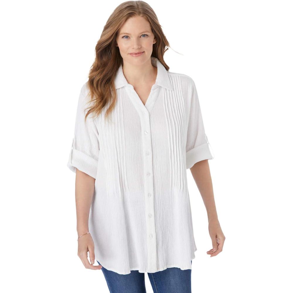 imageWoman Within Plus Size Pintucked Button Down Gauze ShirtWhite
