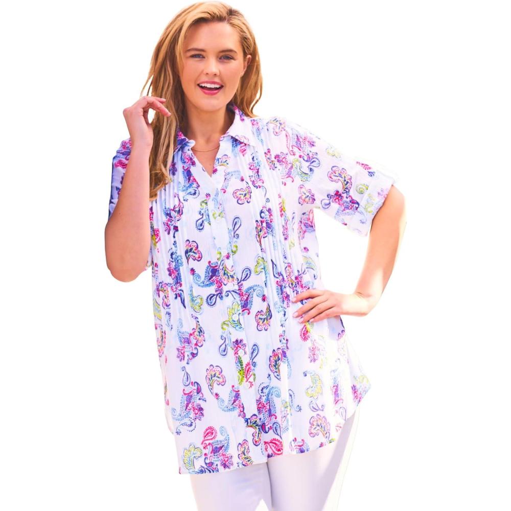 imageWoman Within Plus Size Pintucked Button Down Gauze ShirtWhite Painterly Paisley