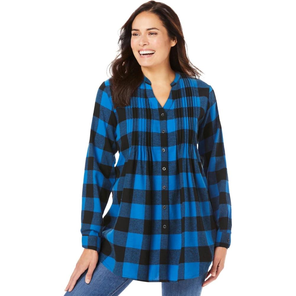 imageWoman Within Plus Size Pintucked Flannel ShirtBright Cobalt Buffalo Plaid