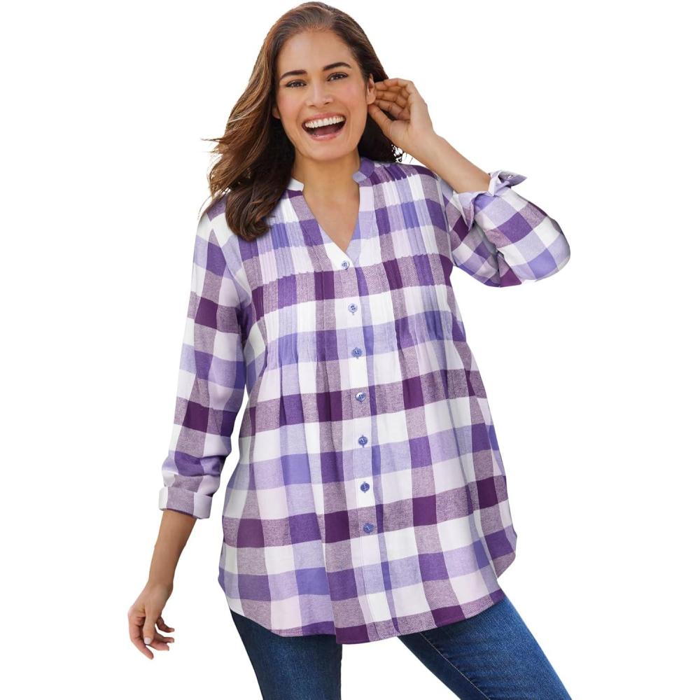 imageWoman Within Plus Size Pintucked Flannel ShirtPurple Plaid