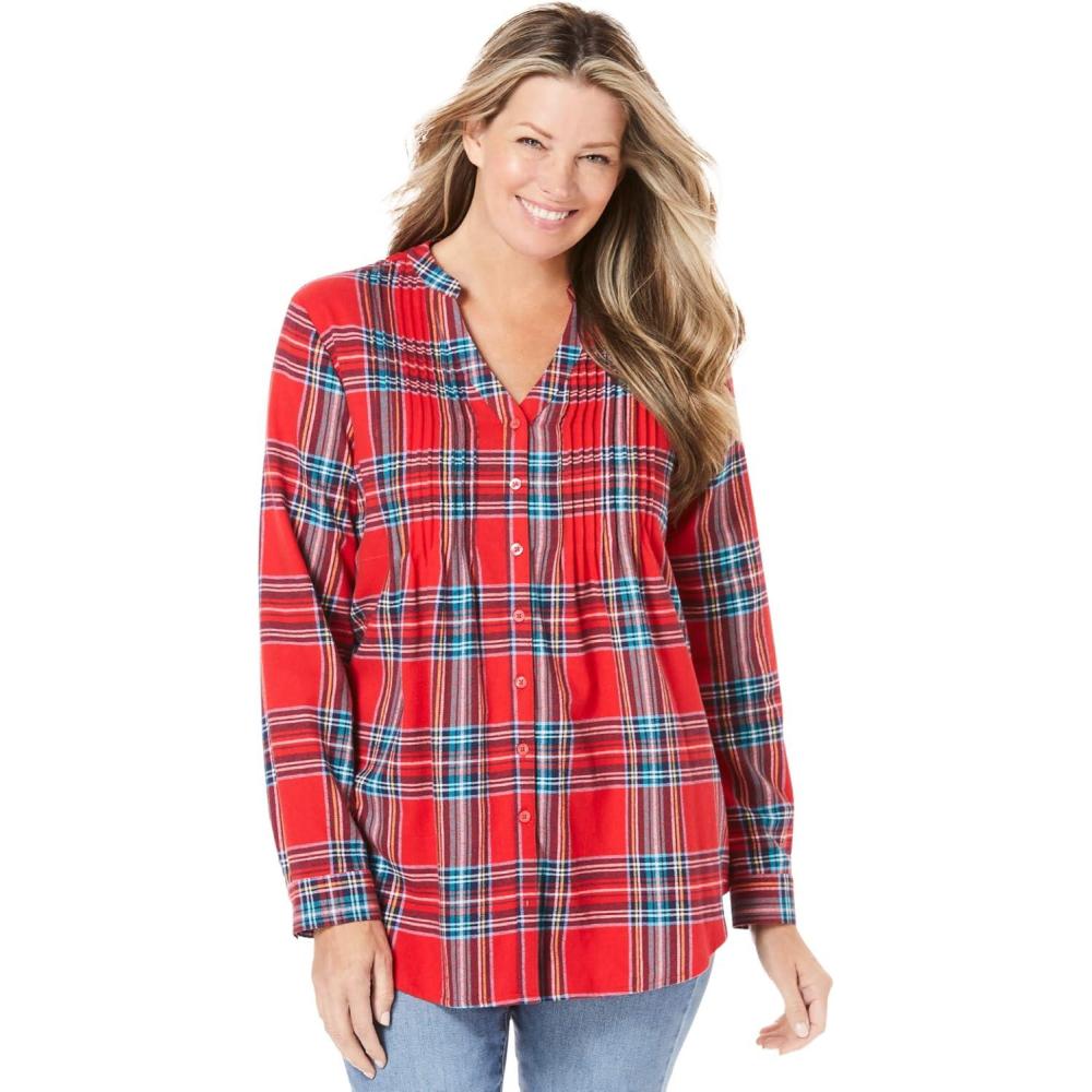 imageWoman Within Plus Size Pintucked Flannel ShirtRed Fun Plaid