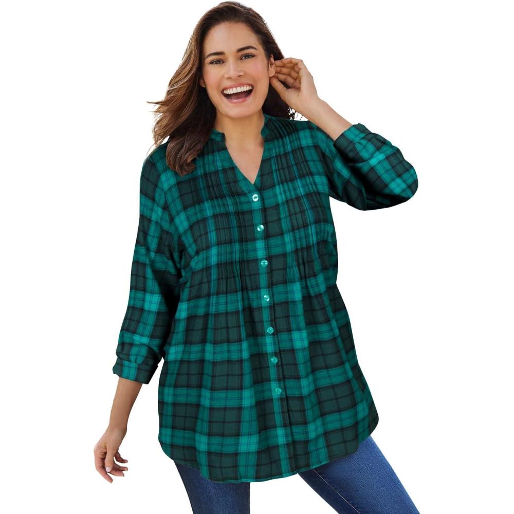 imageWoman Within Plus Size Pintucked Flannel ShirtRich Jade Plaid
