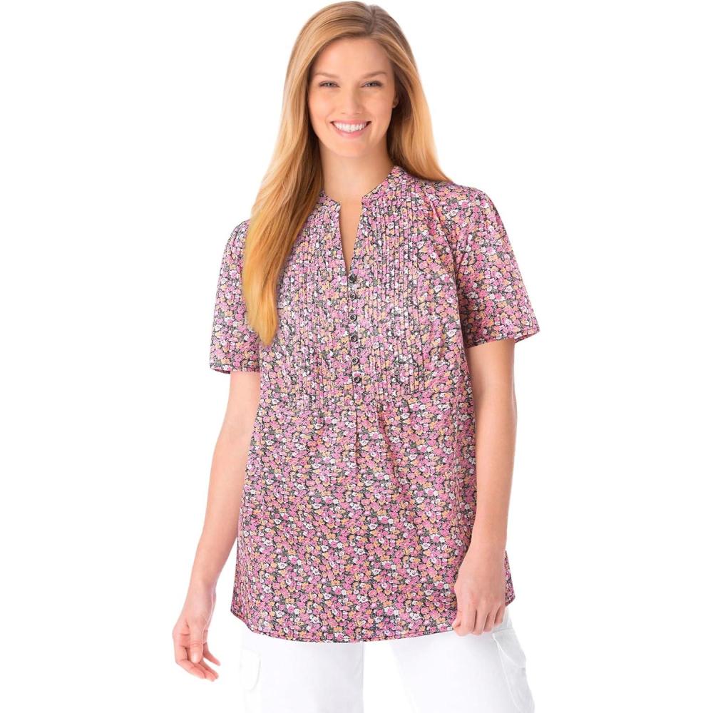 imageWoman Within Plus Size Pintucked HalfButton TunicBlack Multi Blooming Ditsy