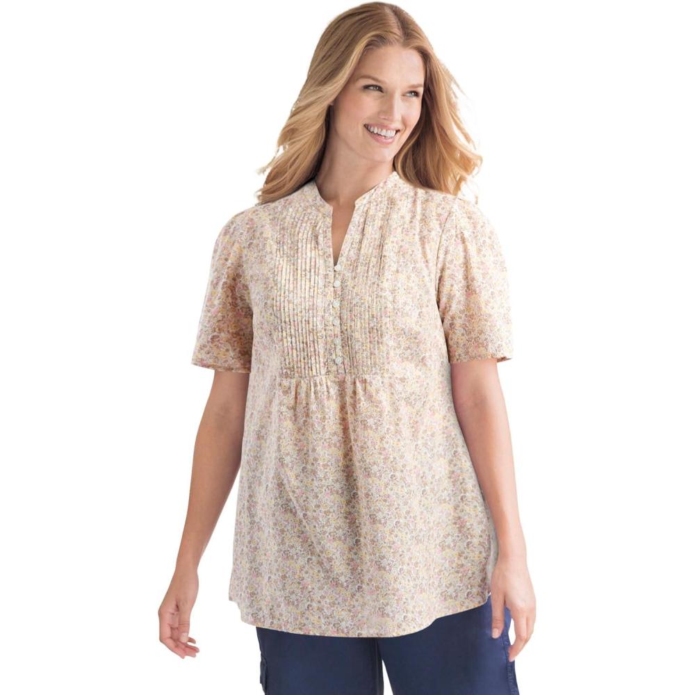 imageWoman Within Plus Size Pintucked HalfButton TunicNatural Khaki Blooming Ditsy