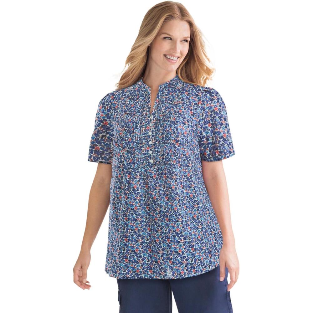 imageWoman Within Plus Size Pintucked HalfButton TunicNavy Blooming Ditsy