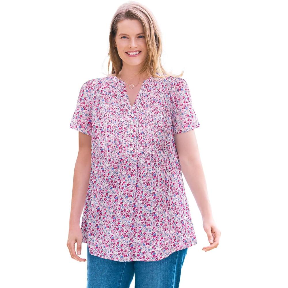 imageWoman Within Plus Size Pintucked HalfButton TunicSunset Pink Blooming Ditsy