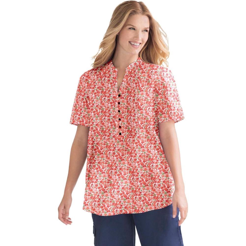 imageWoman Within Plus Size Pintucked HalfButton TunicSweet Coral Blooming Ditsy