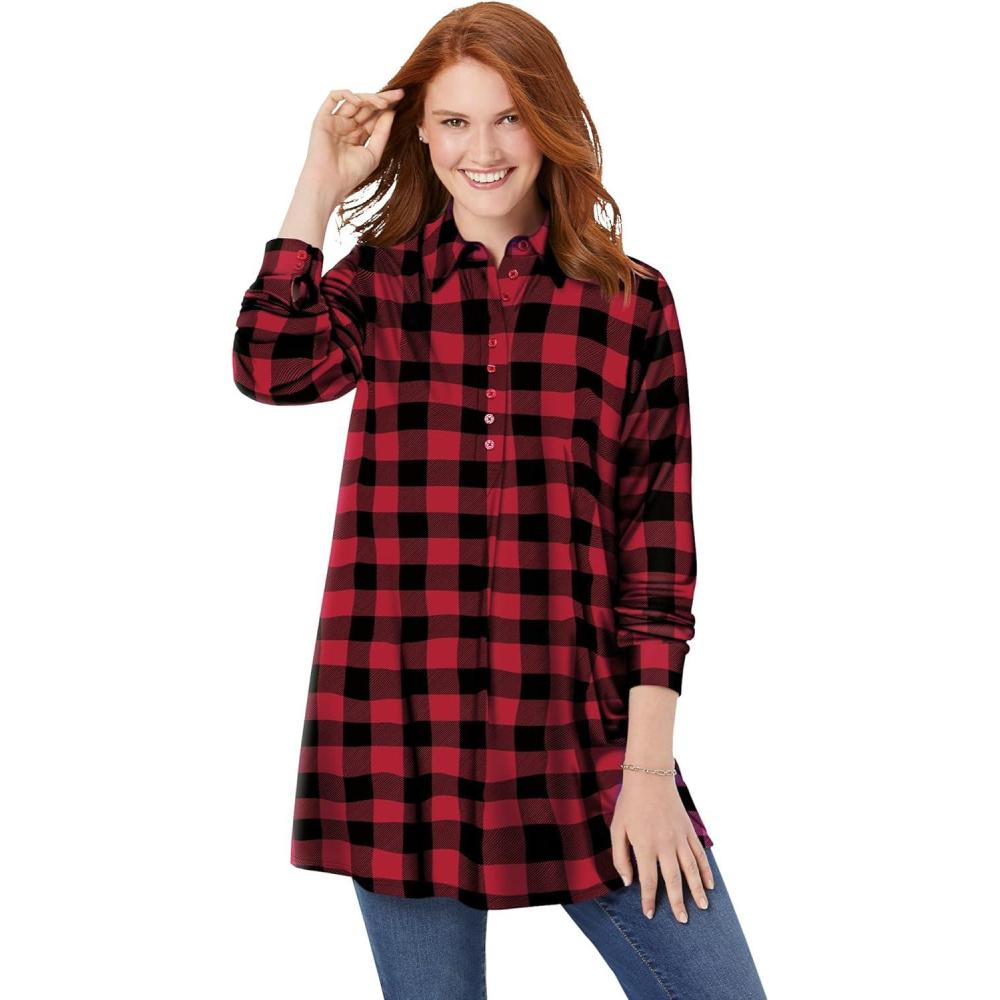imageWoman Within Plus Size Plaid Knit Tunic with CollarClassic Red Plaid